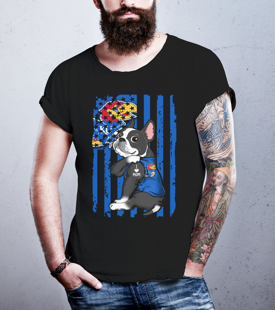 Boston Terrier I Love Mom Kansas Jayhawks KU Logo Blue Stripes T-Shirt