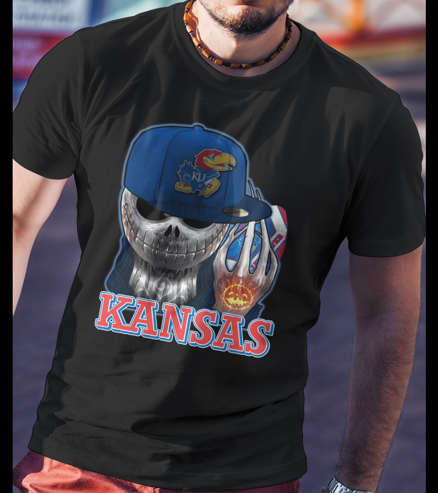 Kansas Jayhawks Skull Halloween Pumpkin Blue Cap T-Shirt