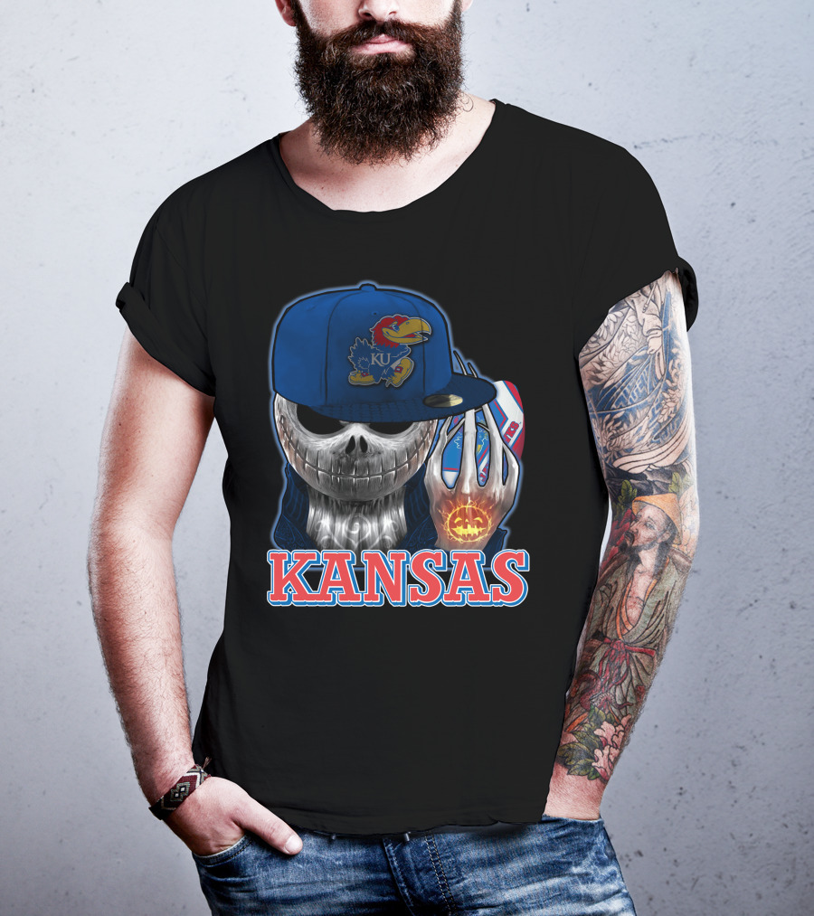Kansas Jayhawks Skull Halloween Pumpkin Blue Cap T-Shirt