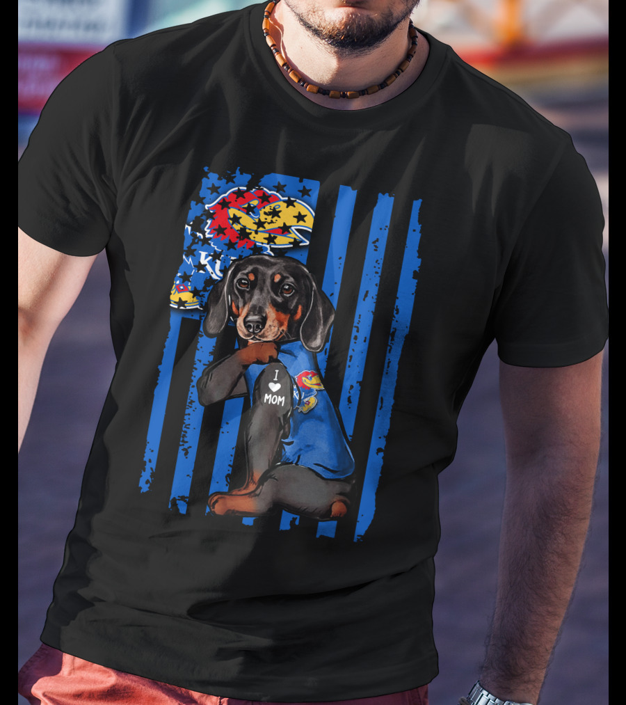 Dachshund I Love Mom Kansas Jayhawks Blue Stripes T-Shirt