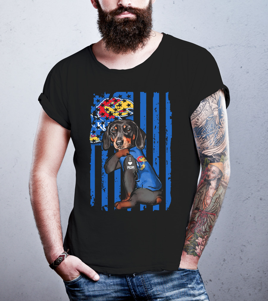 Dachshund I Love Mom Kansas Jayhawks Blue Stripes T-Shirt