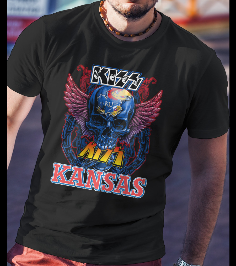 KISS Kansas Jayhawks Skull KU Winged Logo Chains T-Shirt