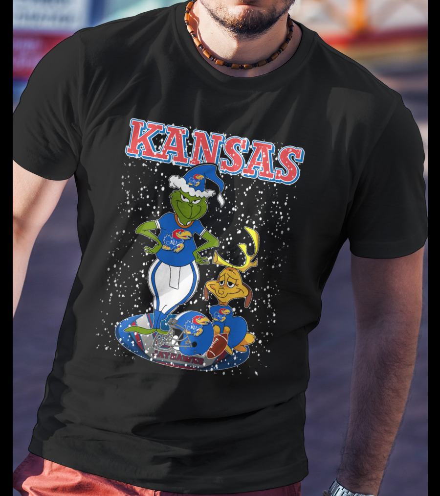 Kansas Grinchxmas Jayhawks KU Snowy Football Holiday T-Shirt