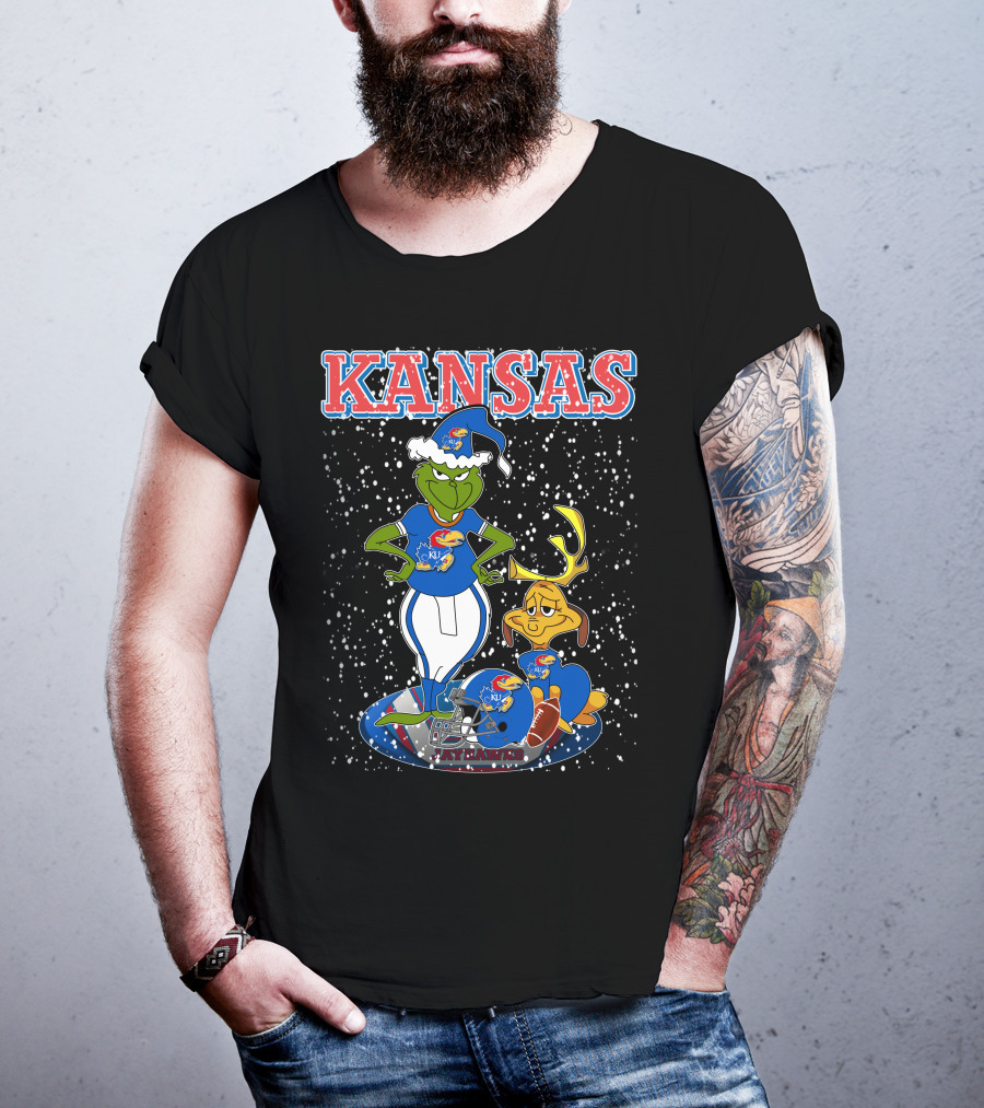 Kansas Grinchxmas Jayhawks KU Snowy Football Holiday T-Shirt