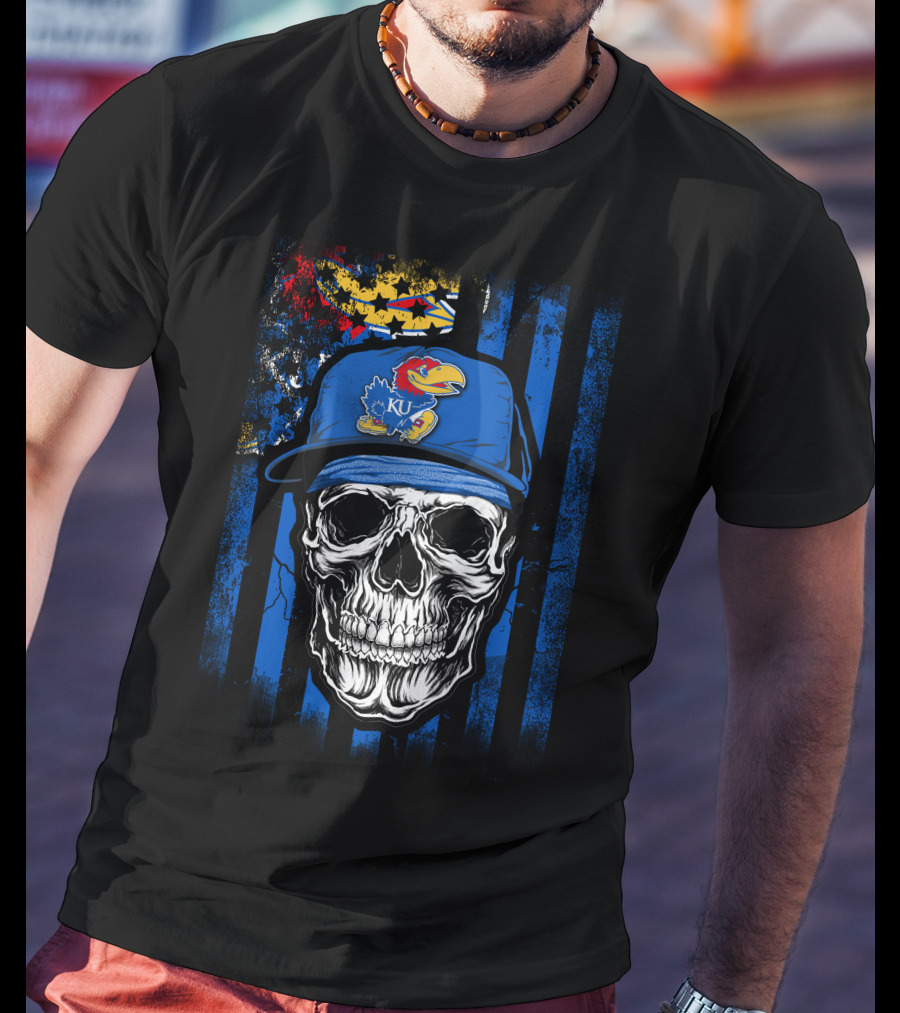 Skull Kansas Jayhawks KU Logo Hat Blue And Red Stripes T-Shirt