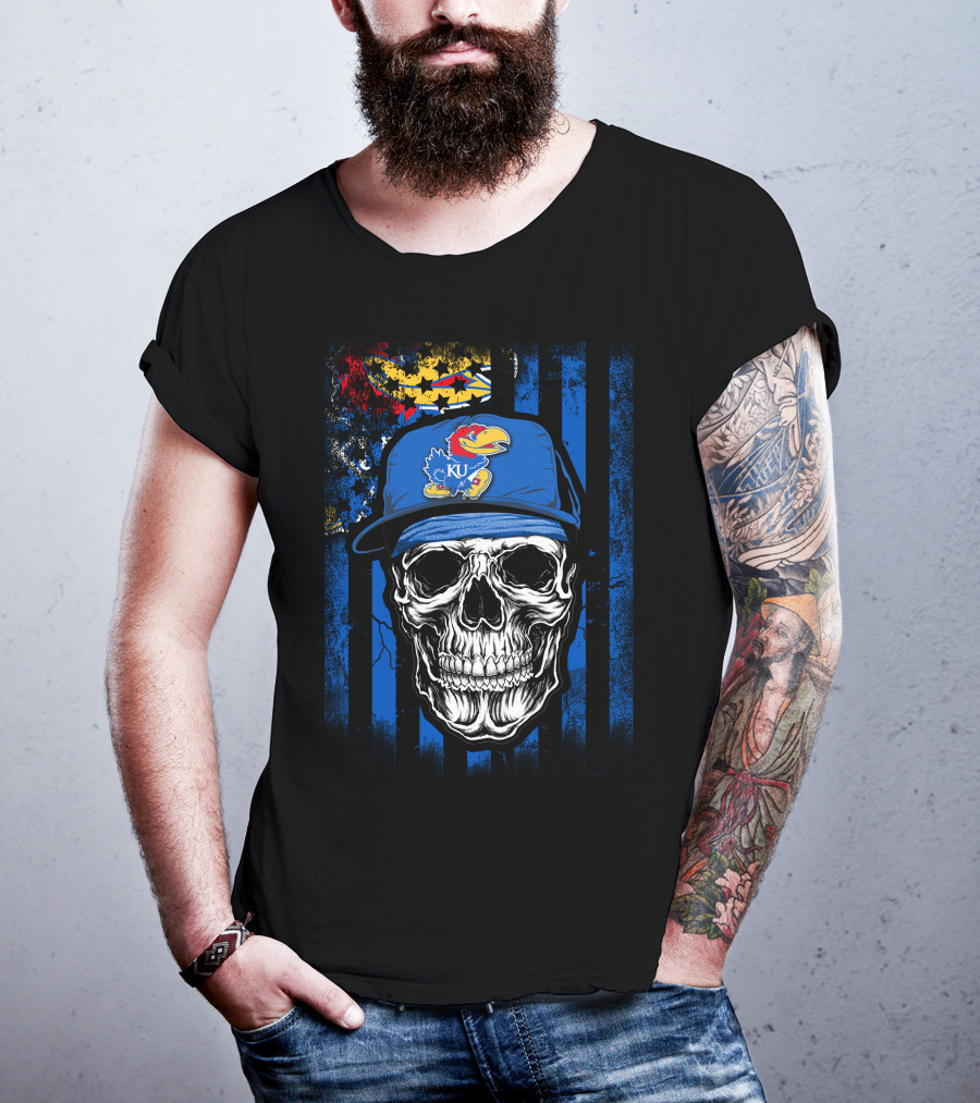 Skull Kansas Jayhawks KU Logo Hat Blue And Red Stripes T-Shirt