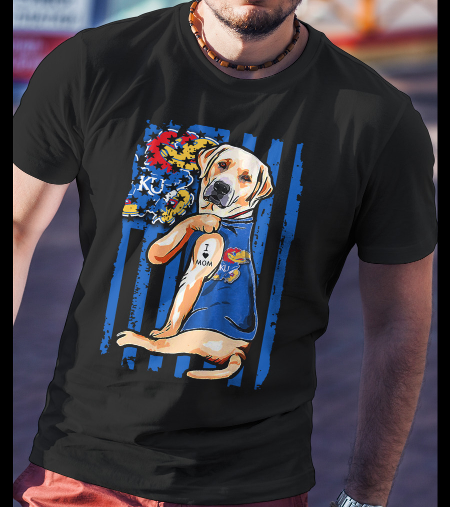 Labrador Retriever I Love Mom Kansas Jayhawks KU Stripes T-Shirt