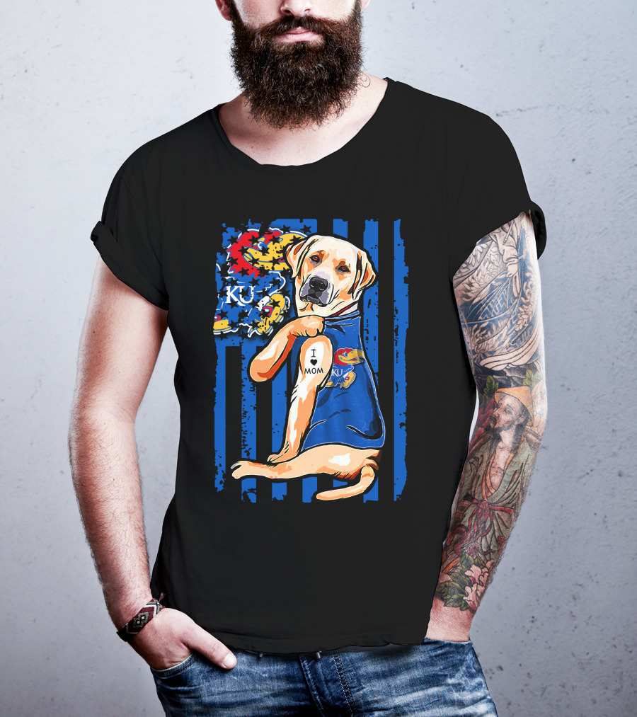 Labrador Retriever I Love Mom Kansas Jayhawks KU Stripes T-Shirt