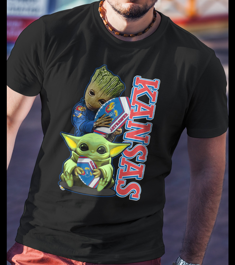 Kansas Jayhawks Groot Baby Yoda Football Hug T-Shirt