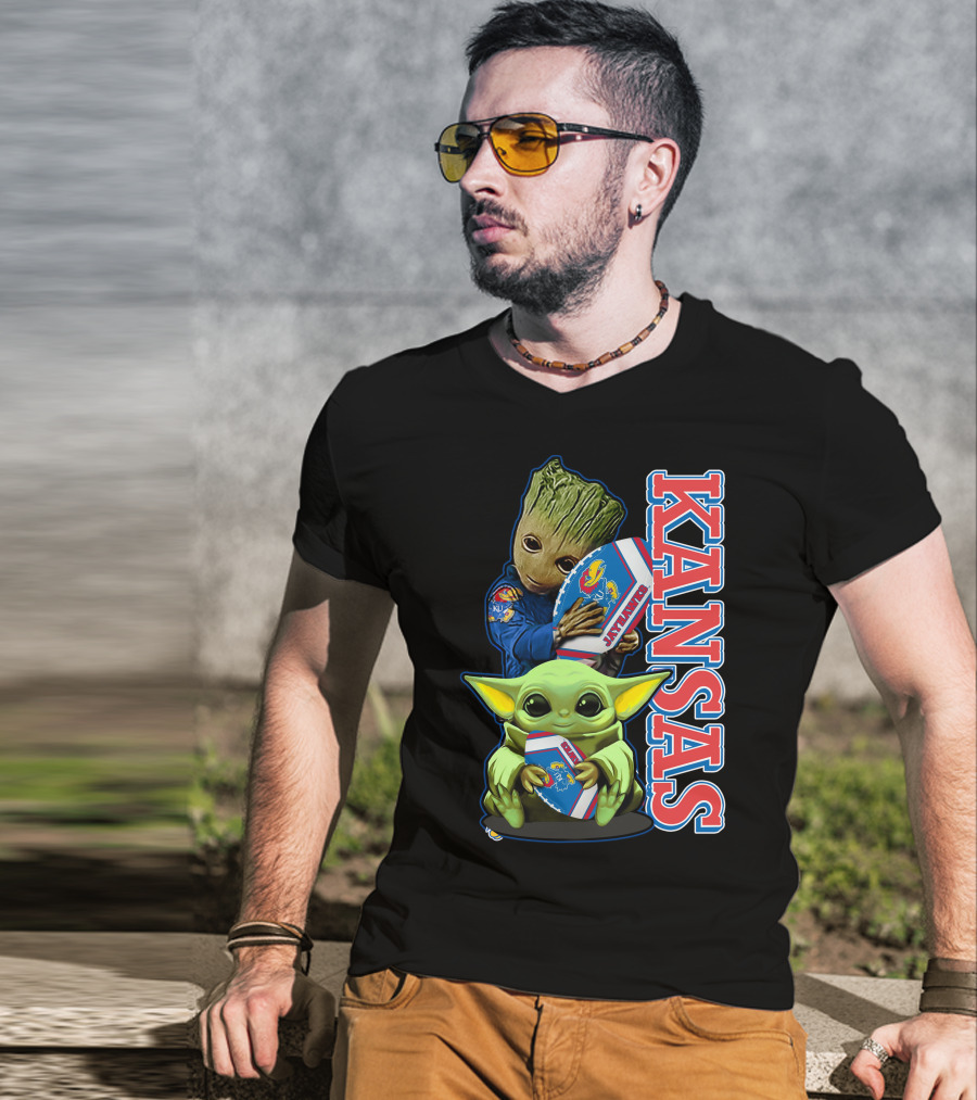 Kansas Jayhawks Groot Baby Yoda Football Hug T-Shirt