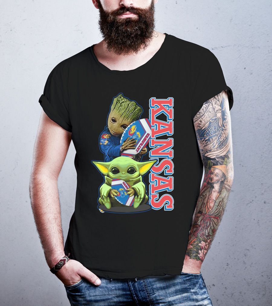 Kansas Jayhawks Groot Baby Yoda Football Hug T-Shirt