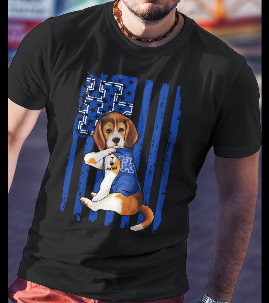 Beagle I Love Mom Kentucky Wildcats Blue Stars Stripes T-Shirt