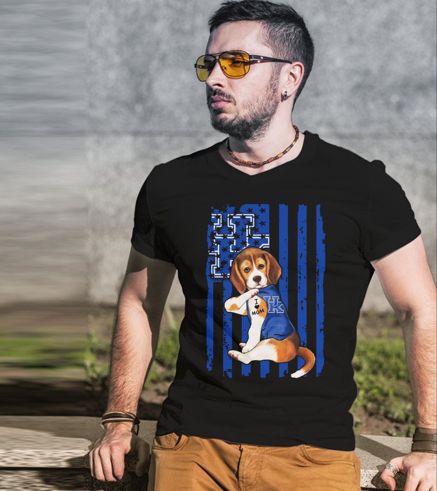 Beagle I Love Mom Kentucky Wildcats Blue Stars Stripes T-Shirt