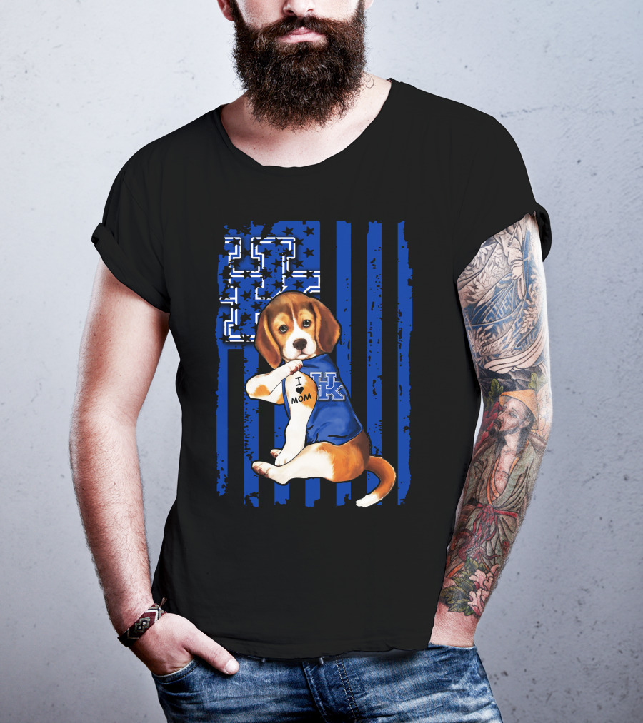 Beagle I Love Mom Kentucky Wildcats Blue Stars Stripes T-Shirt