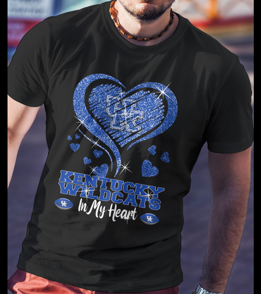 Kentucky Wildcats UK Logo In My Heart With Glittering Blue Hearts T-Shirt