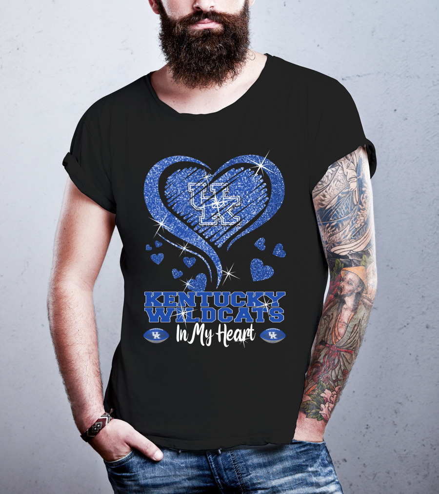 Kentucky Wildcats UK Logo In My Heart With Glittering Blue Hearts T-Shirt