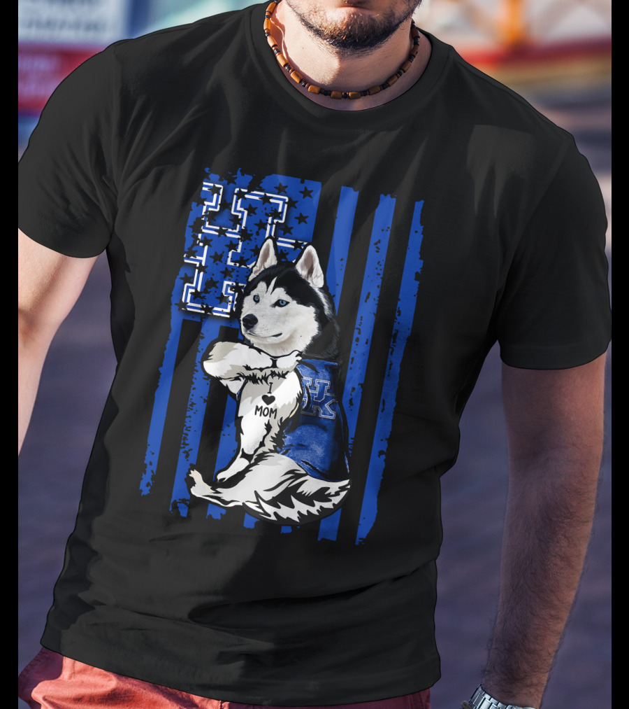 Siberian Husky I Love Mom Kentucky Wildcats Blue Flag T-Shirt