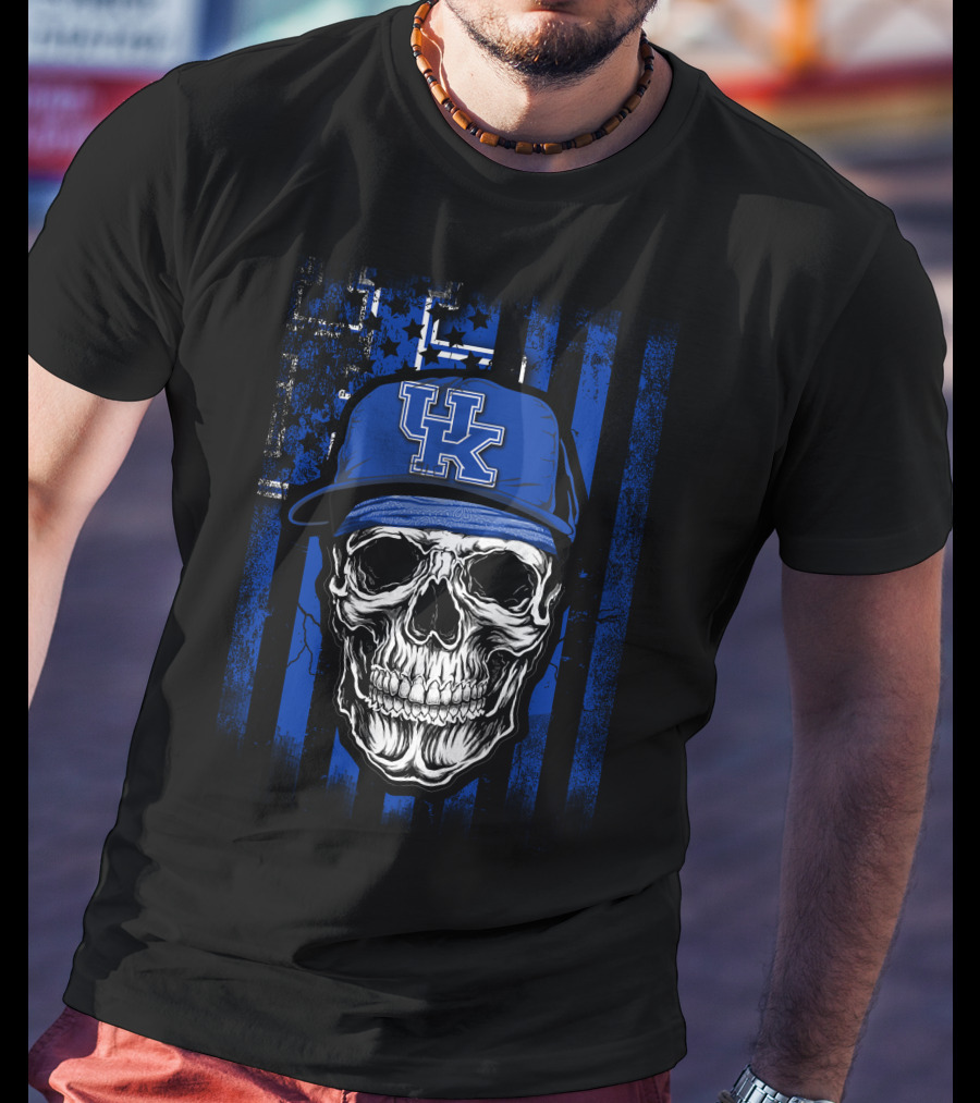Kentucky Wildcats Skull With Blue Hat And Stripes T-Shirt