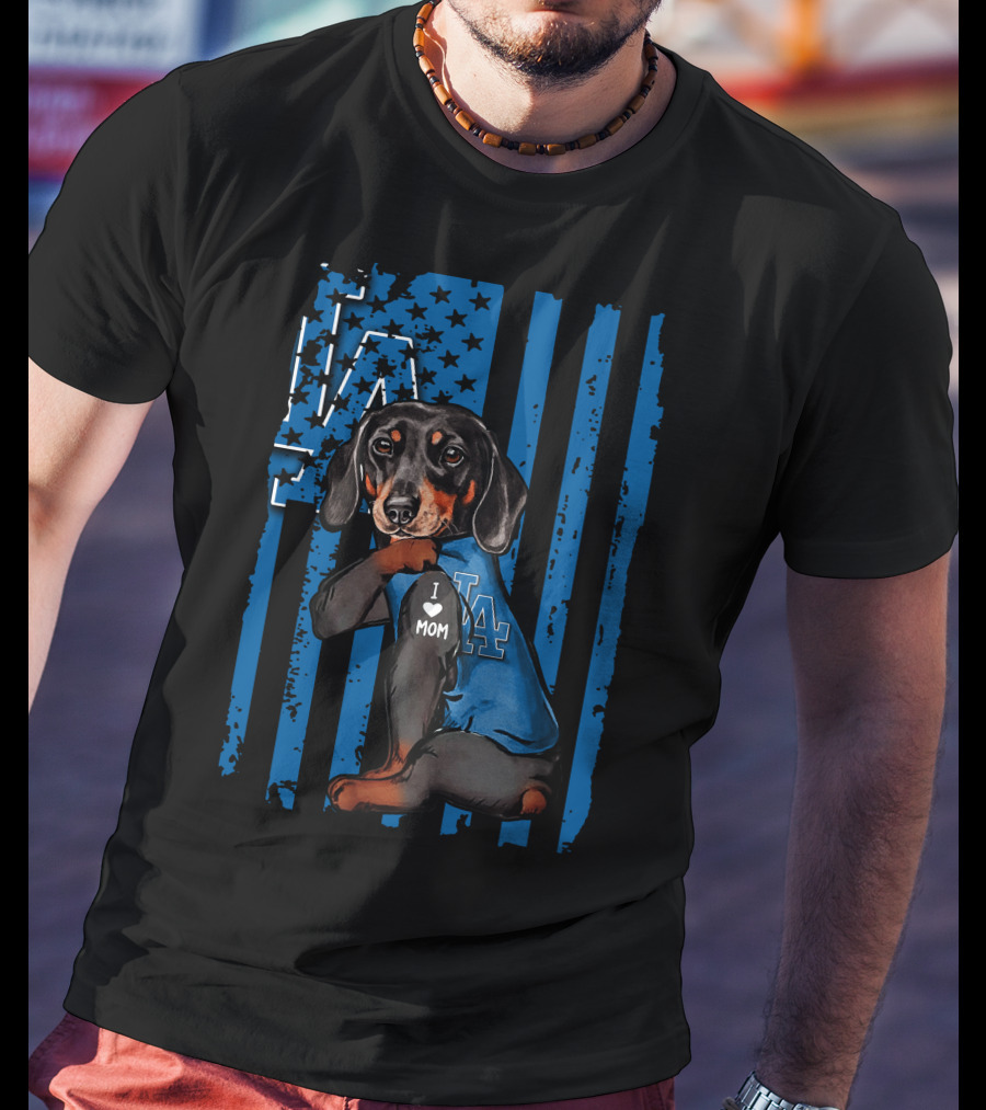 Dachshund I Love Mom LA Dodgers American Flag T-Shirt