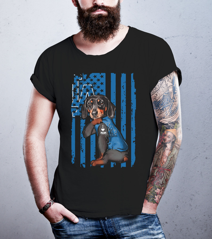 Dachshund I Love Mom LA Dodgers American Flag T-Shirt