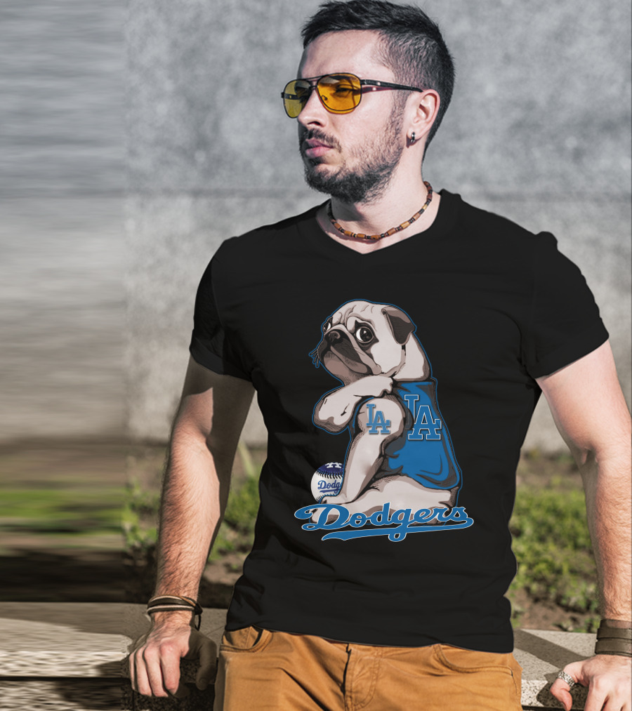 Pug Los Angeles Dodgers Mascot With Baseball And LA Insignia T-Shirt