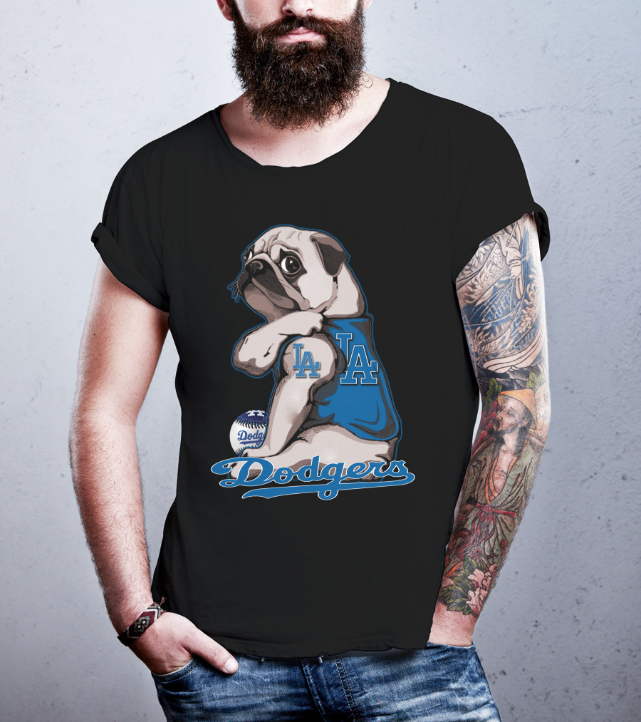 Pug Los Angeles Dodgers Mascot With Baseball And LA Insignia T-Shirt