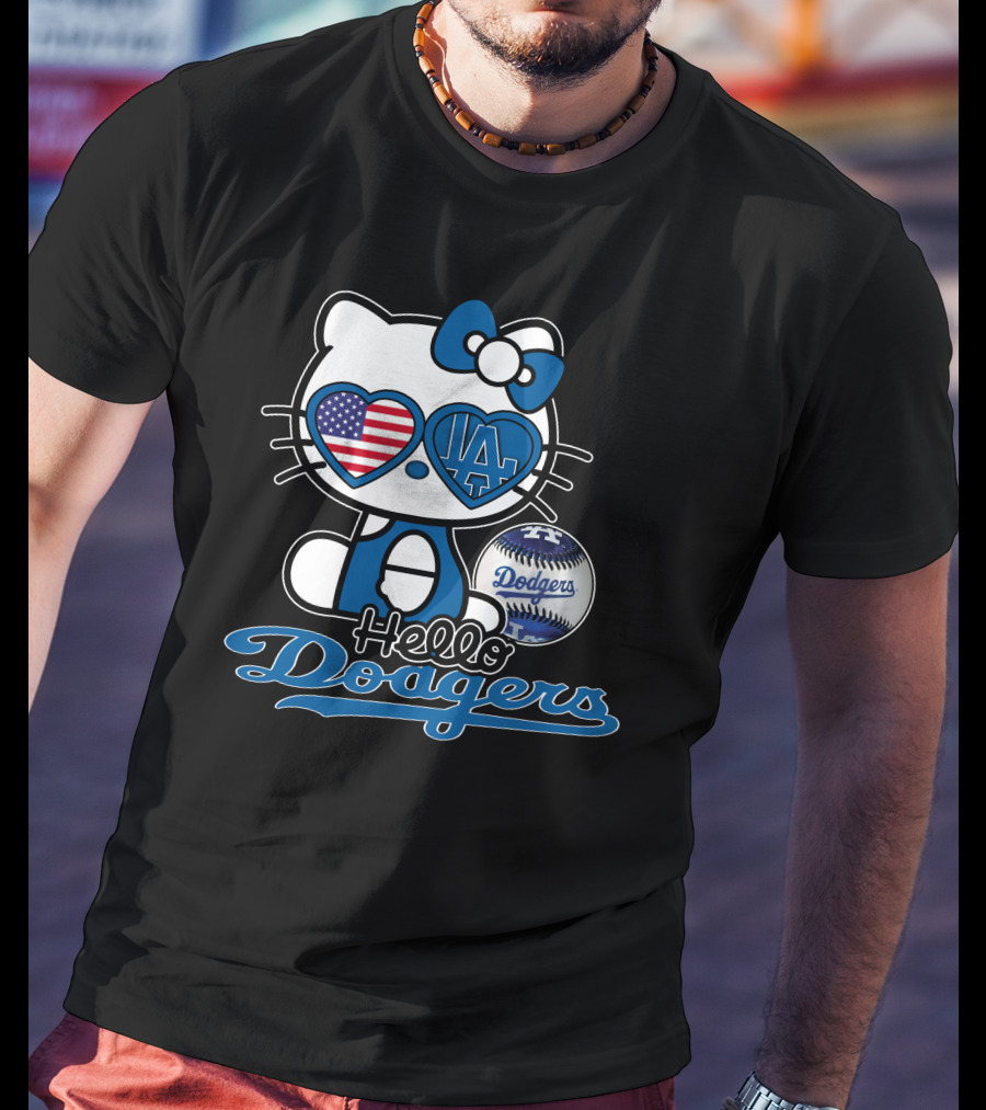 Hello Kitty Dodgers Los Angeles Baseball Heart USA Flag T-Shirt