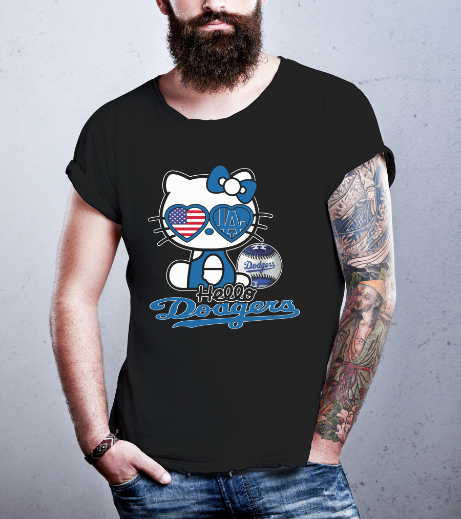 Hello Kitty Dodgers Los Angeles Baseball Heart USA Flag T-Shirt