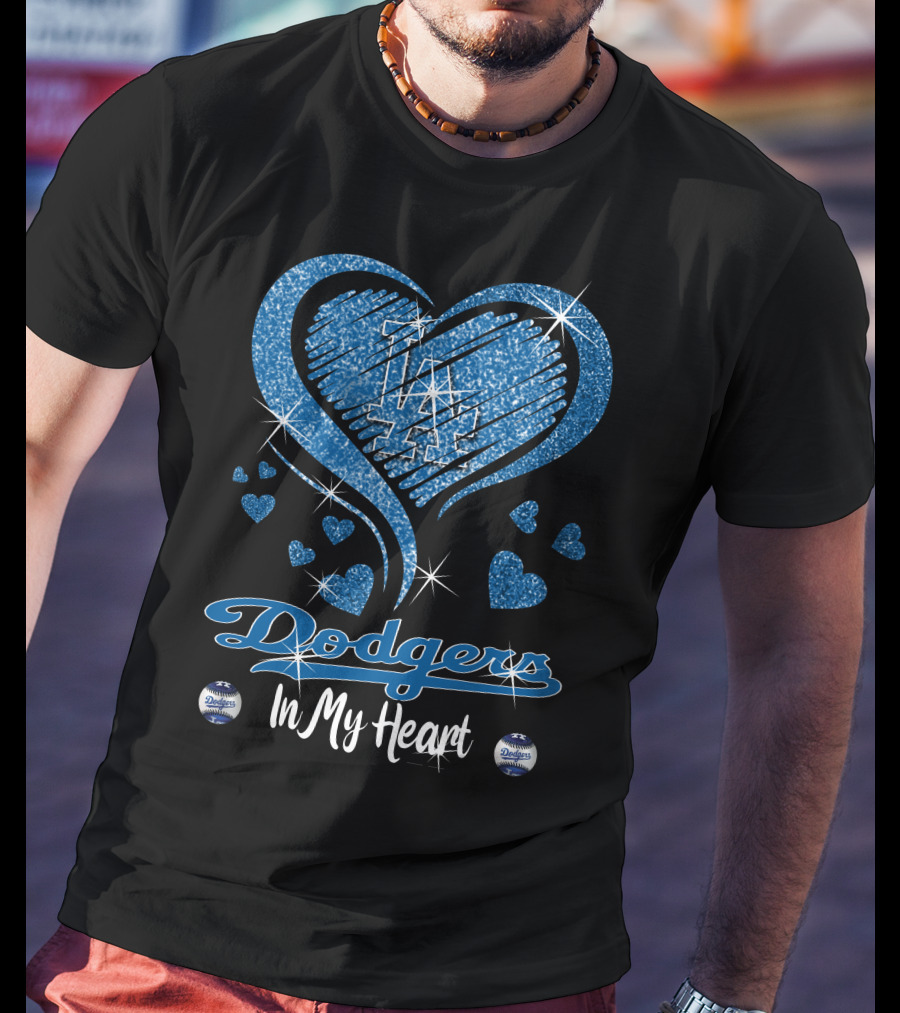 In My Heart Dodgers LA Sparkle Blue Hearts T-Shirt