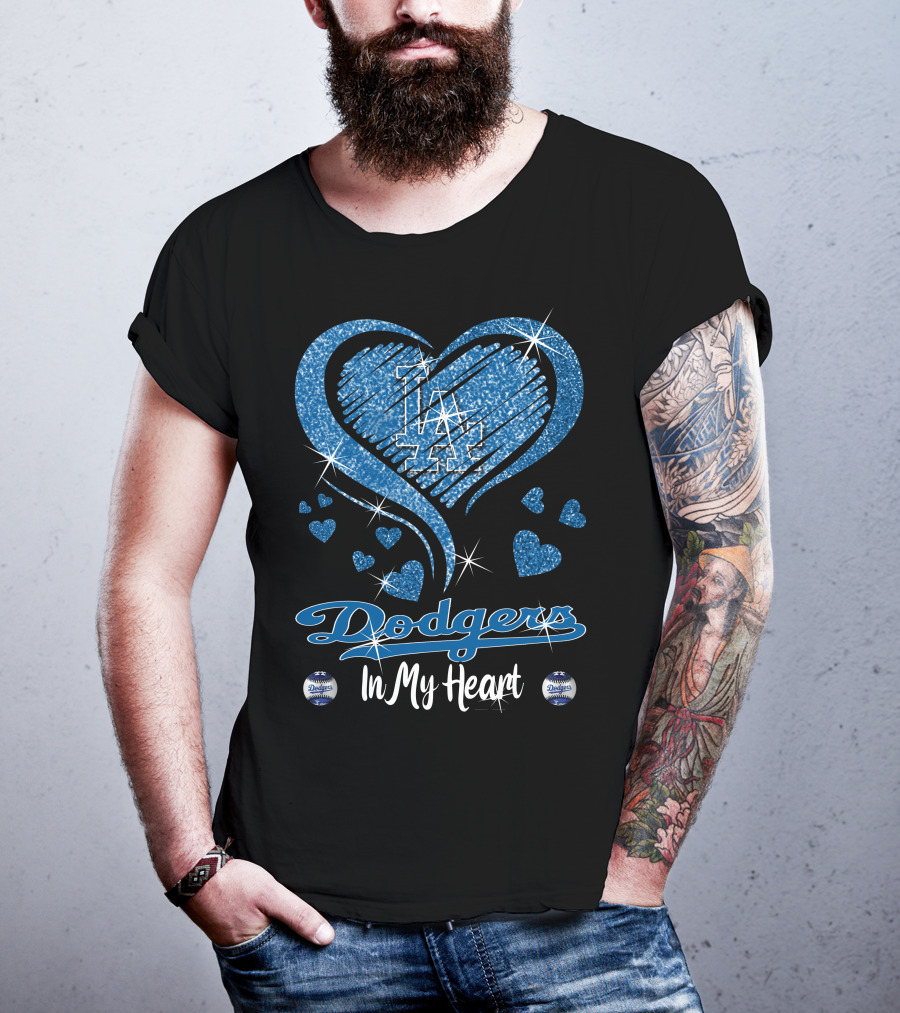 In My Heart Dodgers LA Sparkle Blue Hearts T-Shirt