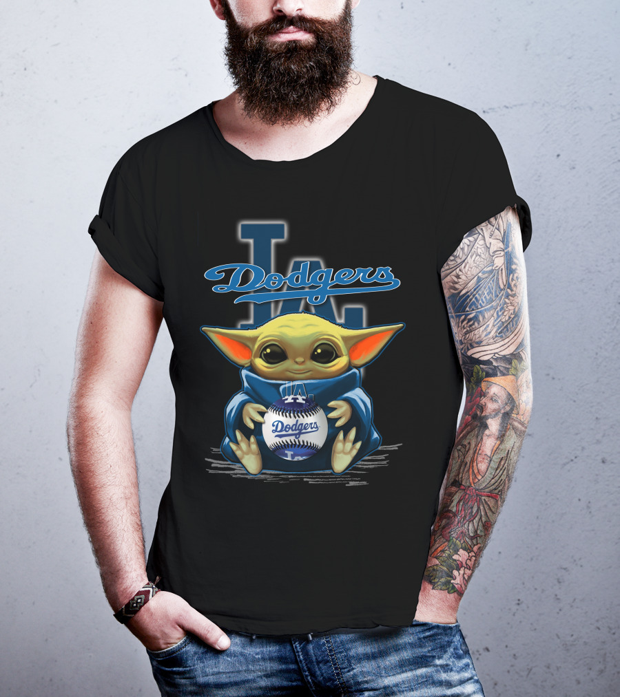 Yoda Holding Dodgers Baseball With Los Angeles Dodgers Logo Background T-Shirt