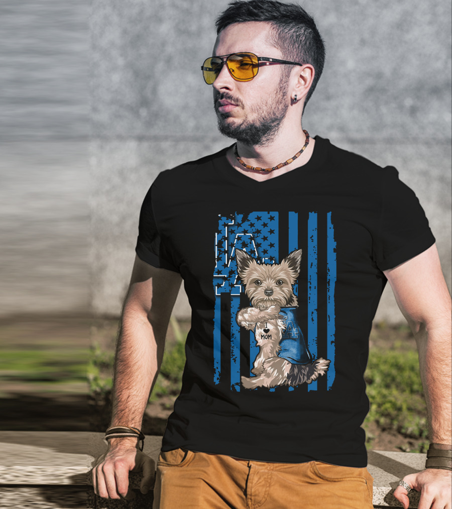 Yorkshire Terrier I Love Mom Los Angeles Dodgers Blue Stars Stripes T-Shirt