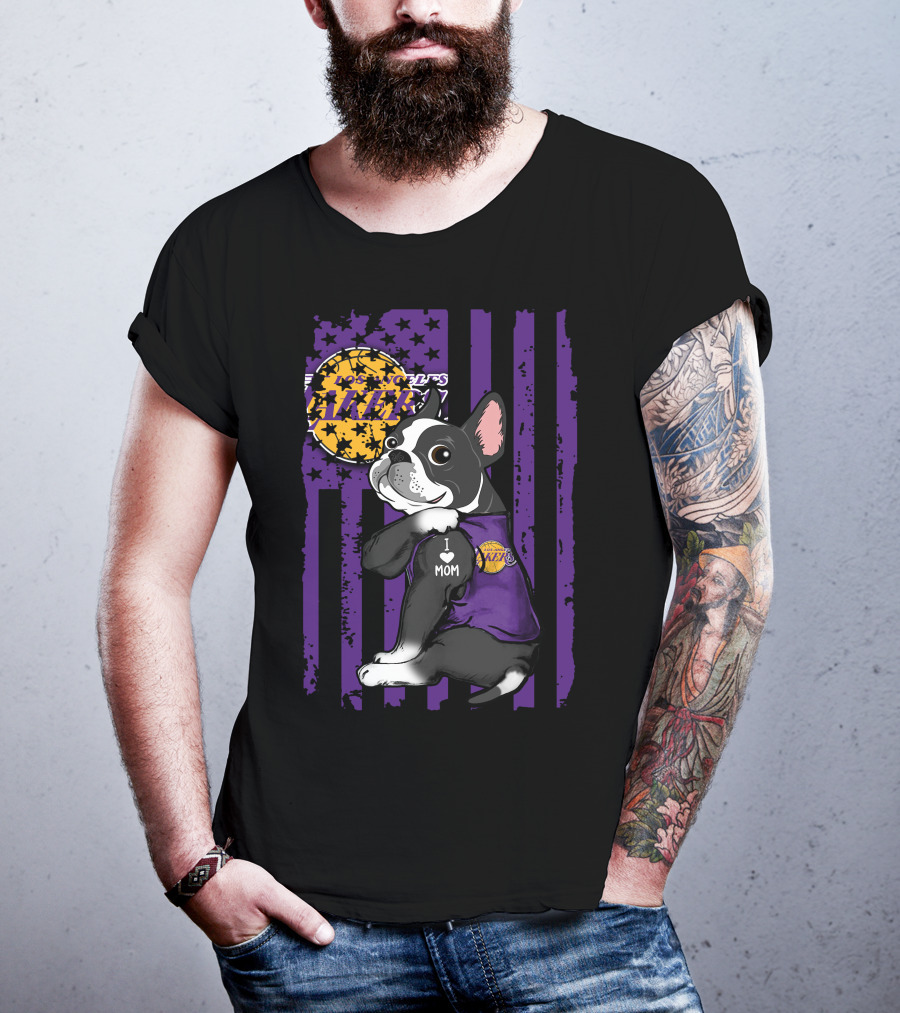 Boston Terrier I Love Mom Los Angeles Lakers Basketball T-Shirt