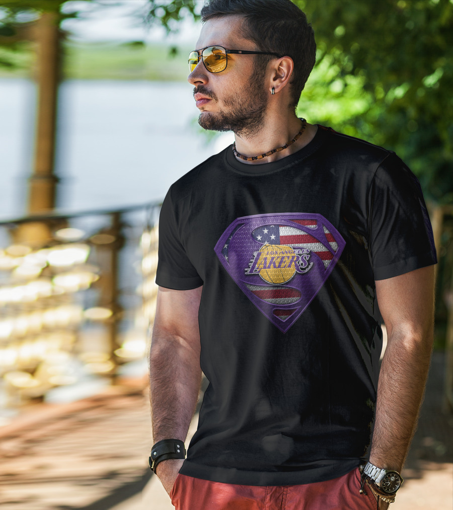 Superman Shield Los Angeles Lakers American Flag T-Shirt