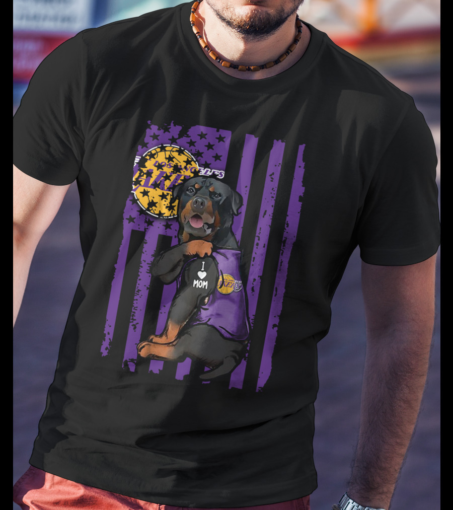 Rottweiler I Love Mom Los Angeles Lakers Purple Stars Stripes T-Shirt