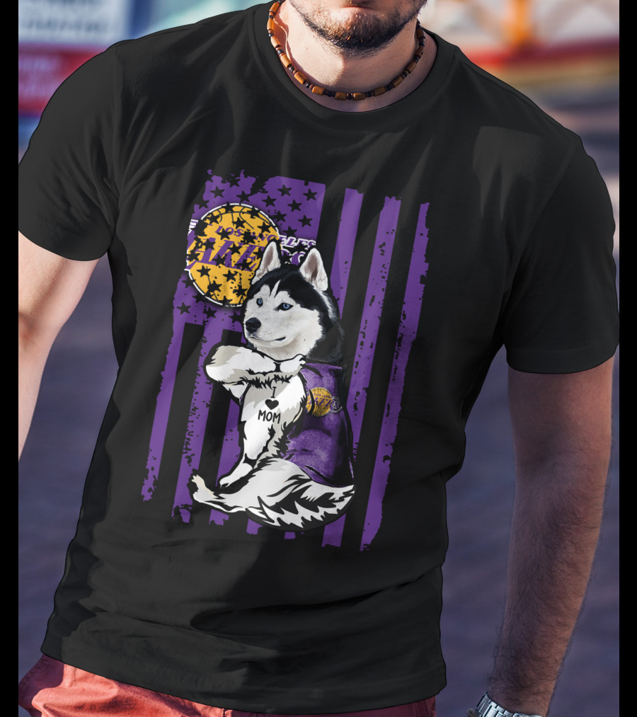 Siberian Husky Mom Los Angeles Lakers Fan With Purple American Flag Background T-Shirt