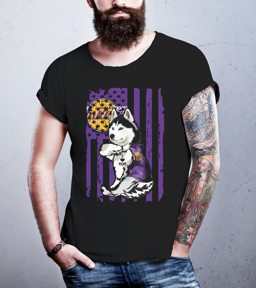 Siberian Husky Mom Los Angeles Lakers Fan With Purple American Flag Background T-Shirt