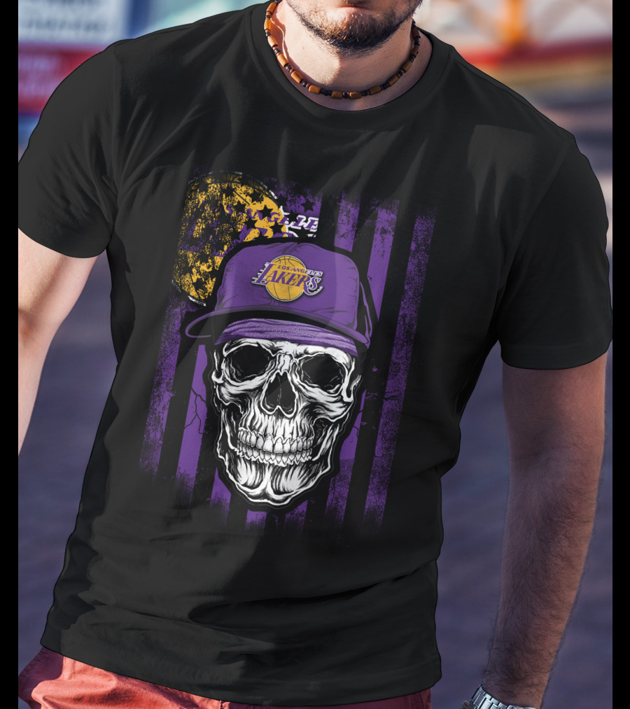 Los Angeles Lakers Skull Cap Bold Gothic T-Shirt