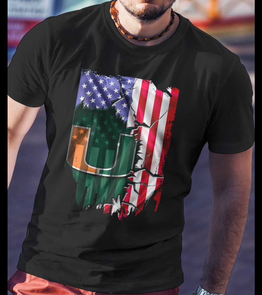 Flag Miami Hurricanes University U Patriotic USA Flag T-Shirt