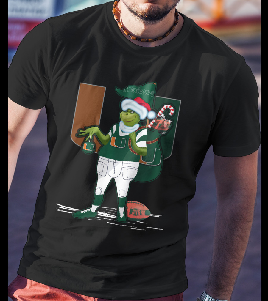 Grinchxmas Miami Hurricanes Festive Football Santa Grinch With Logo And Candy Cane Sack T-Shirt