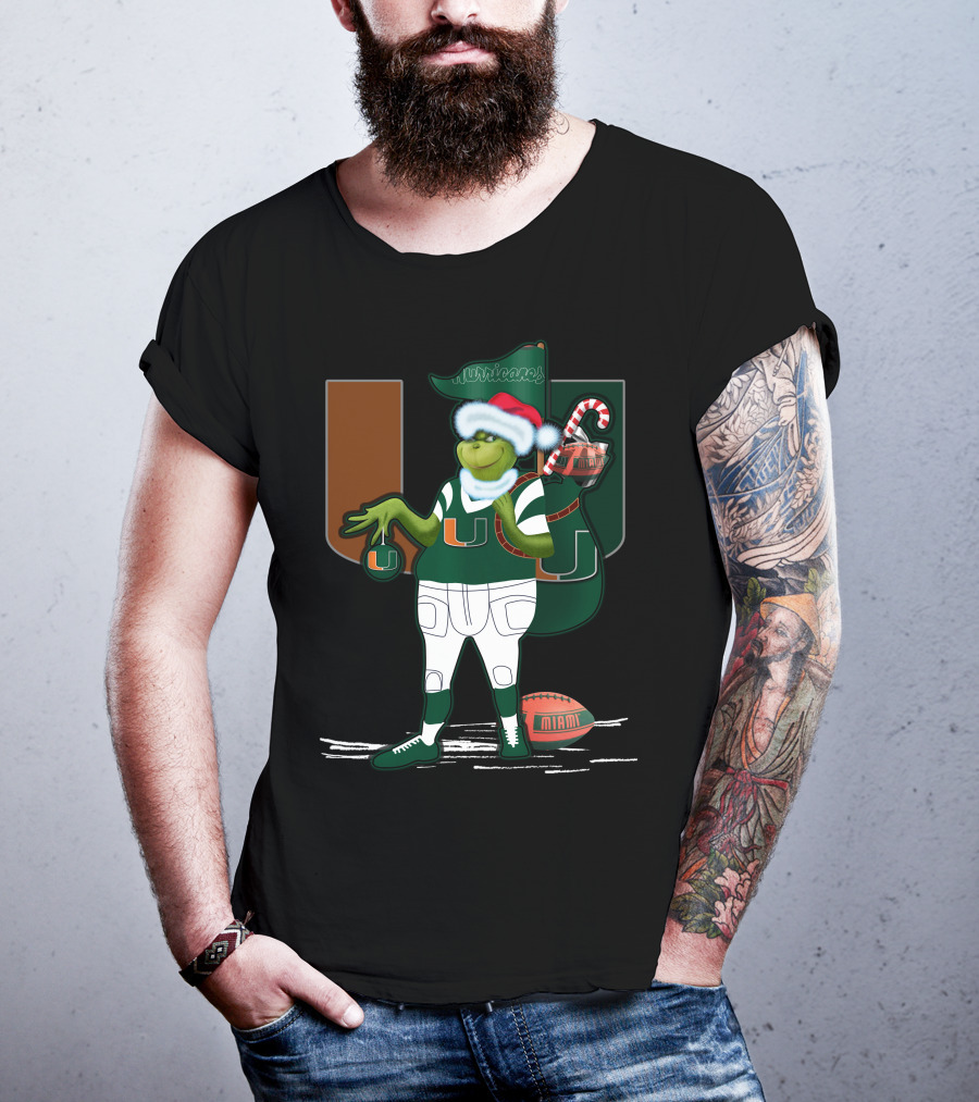 Grinchxmas Miami Hurricanes Festive Football Santa Grinch With Logo And Candy Cane Sack T-Shirt