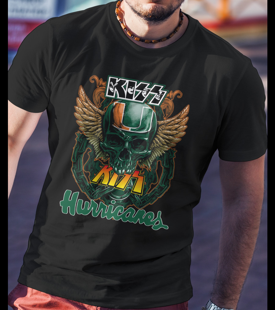 Kiss Miami Hurricanes Skull Winged Helmet Logo Collaboration T-Shirt