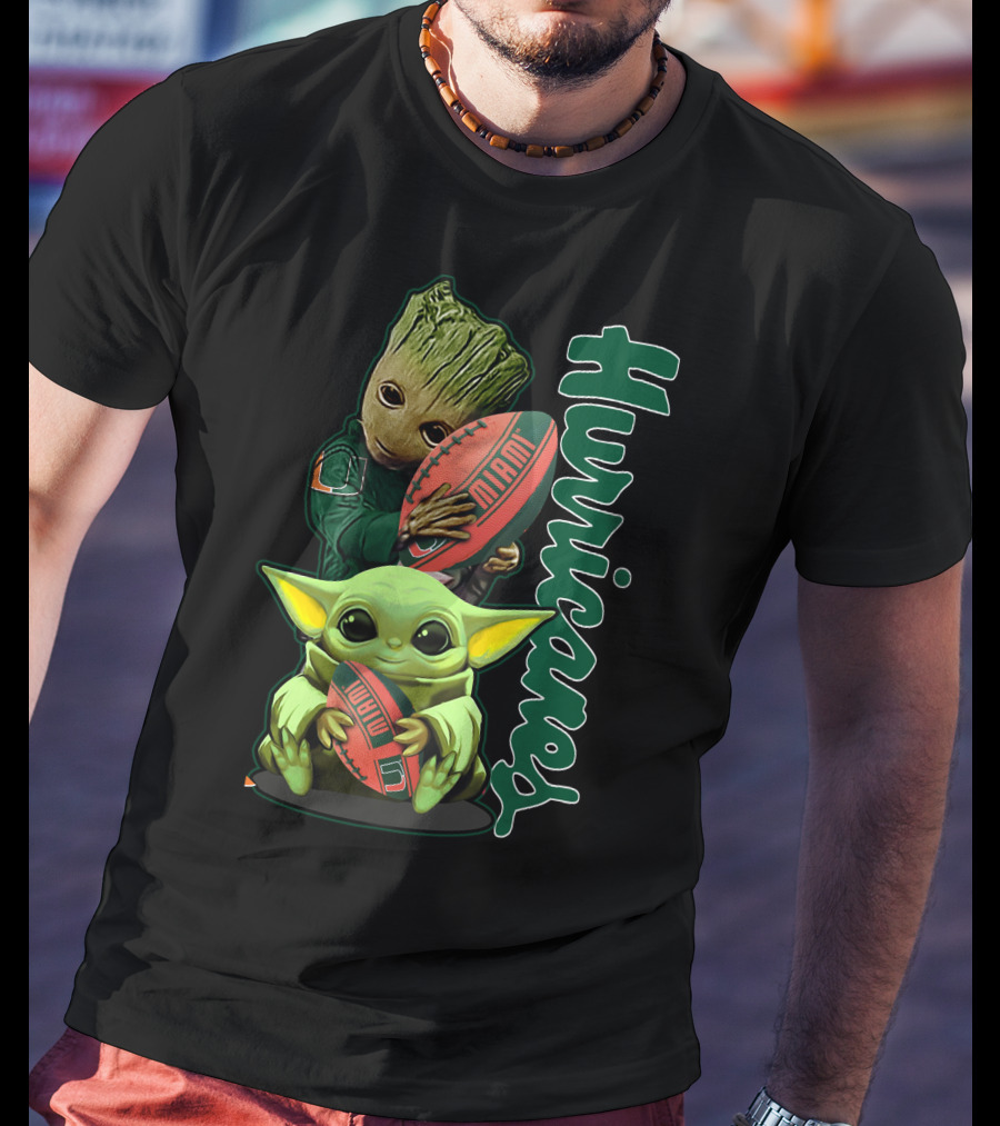 Grzd Miami Hurricanes Baby Yoda Groot Football T-Shirt