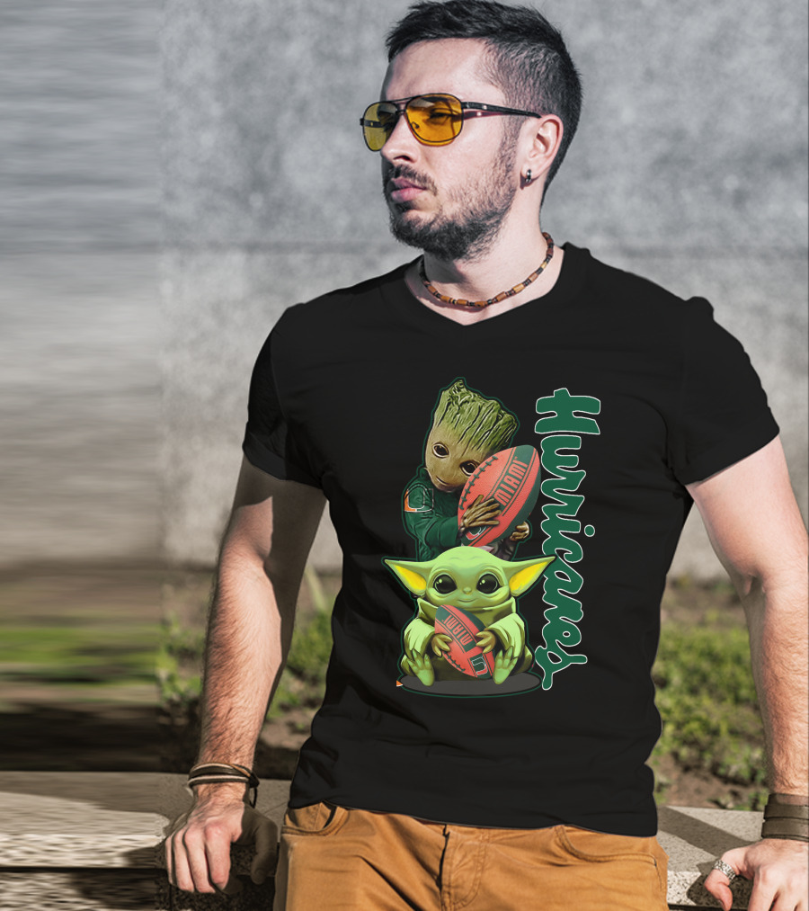 Grzd Miami Hurricanes Baby Yoda Groot Football T-Shirt