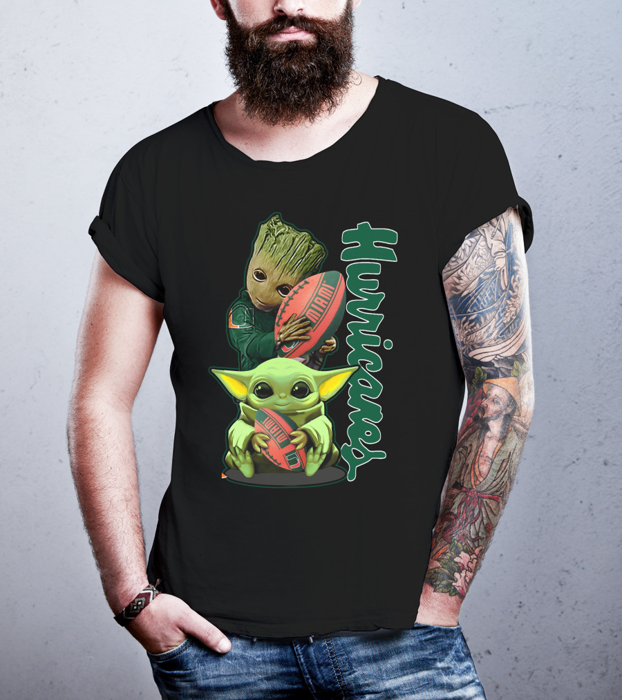 Grzd Miami Hurricanes Baby Yoda Groot Football T-Shirt