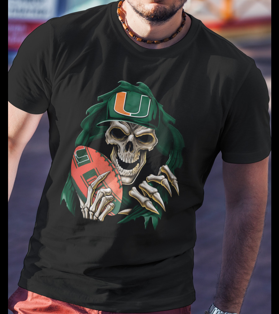 Skullbong Miami Hurricanes Skeleton Holding Football T-Shirt