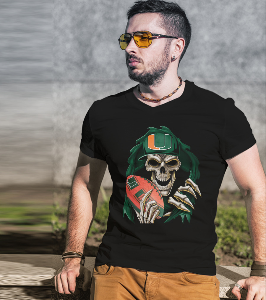 Skullbong Miami Hurricanes Skeleton Holding Football T-Shirt