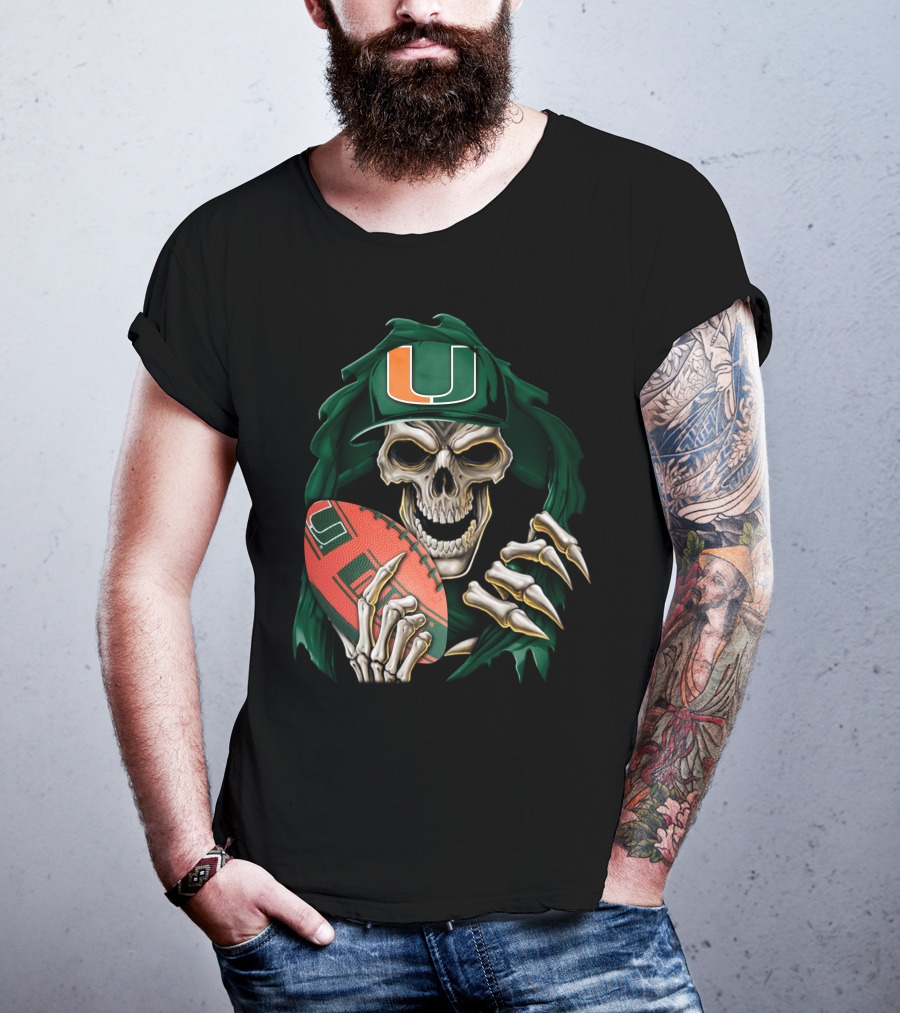 Skullbong Miami Hurricanes Skeleton Holding Football T-Shirt