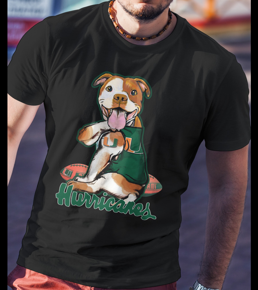Pittbull Wearing Miami Hurricanes U Jersey With Football T-Shirt