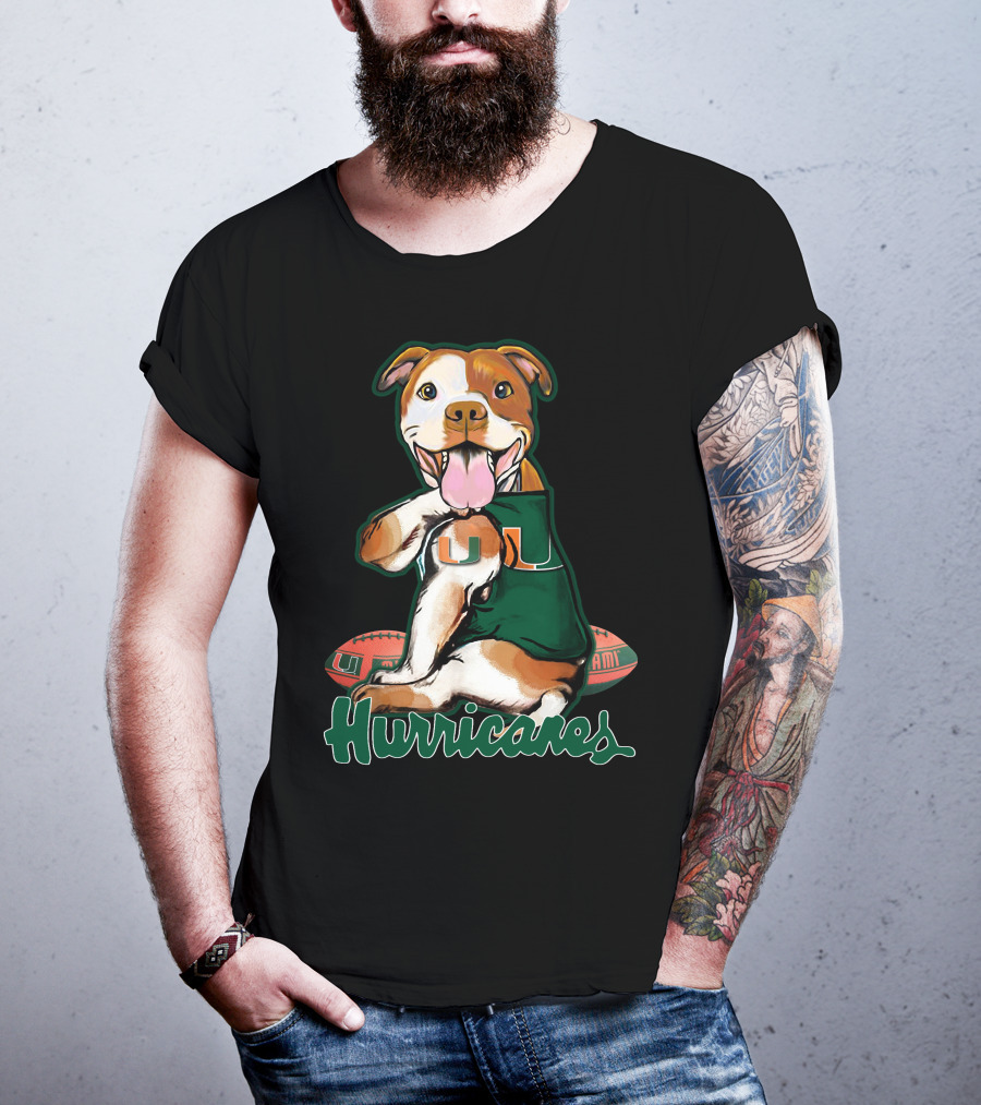 Pittbull Wearing Miami Hurricanes U Jersey With Football T-Shirt